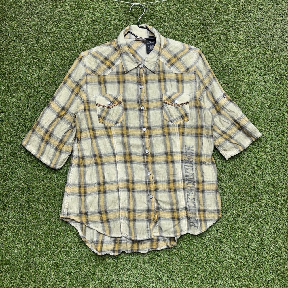 Harley Davidson Shirt Womens Large Western Button Front Pockets Logo 3/4 Sleeves
